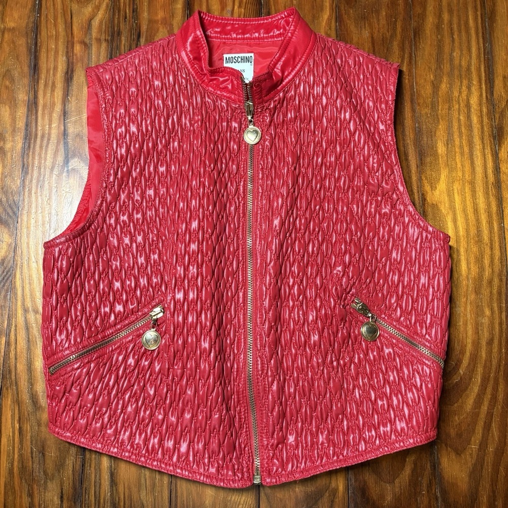 Vtg Moschino Jeans Made In Italy Red Quilted Vest Zip Hearts Sz 12 Sexy Retro